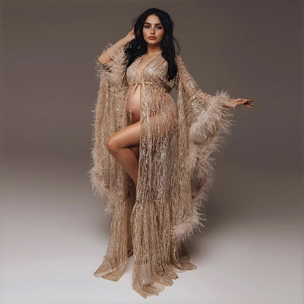 Sparkly Maternity Robe - with Feathers - Glitter Sequin Pregnancy Robe