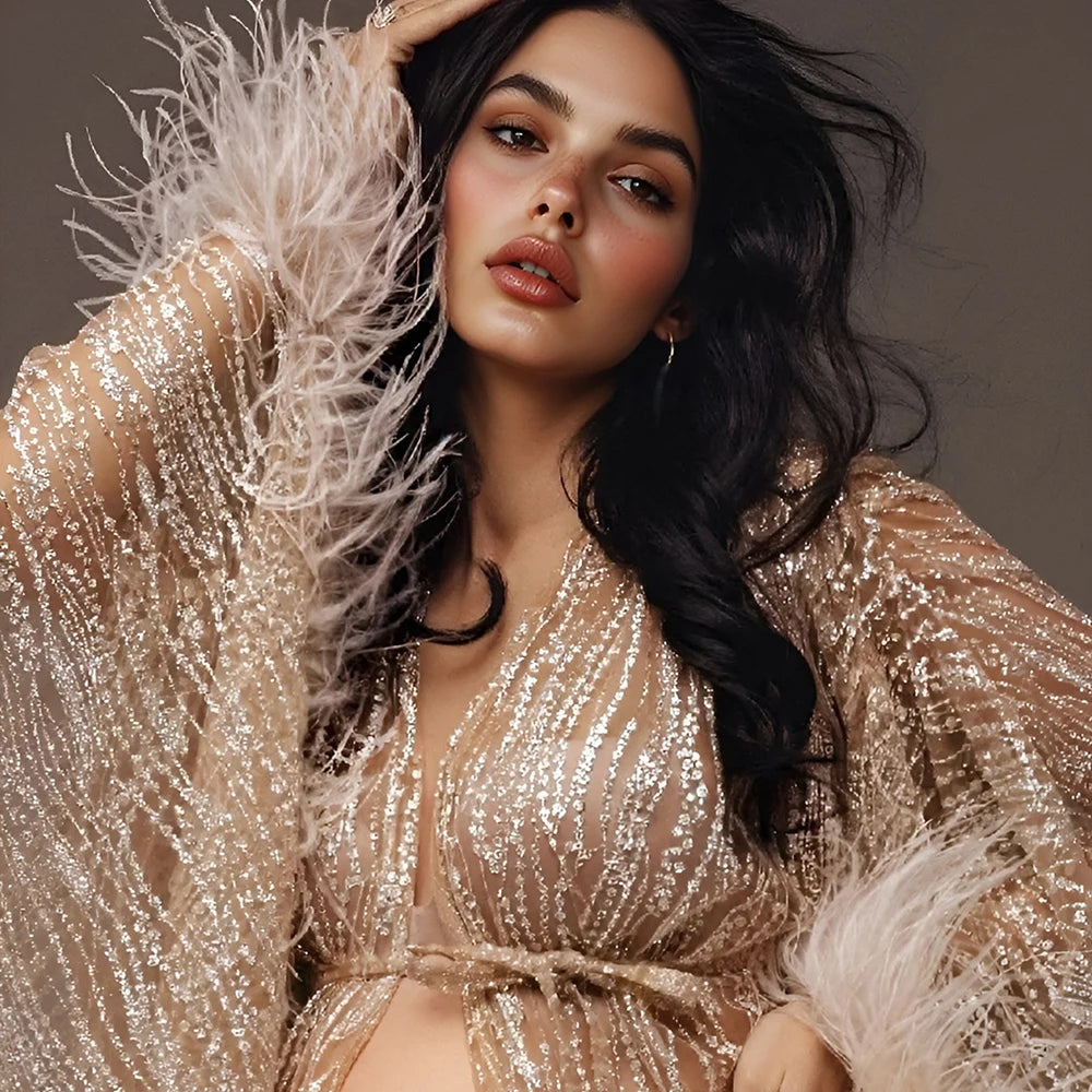 Sparkly Maternity Robe - with Feathers - Glitter Sequin Pregnancy Robe