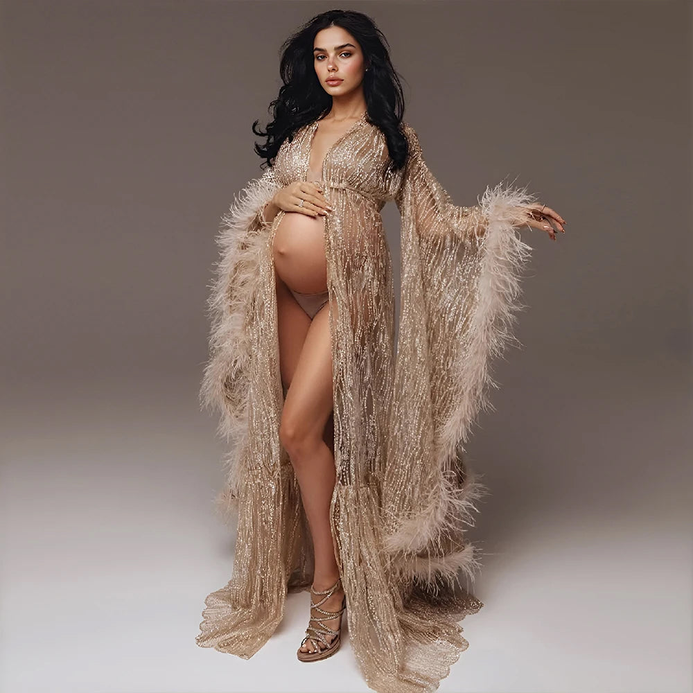 Sparkly Maternity Robe - with Feathers - Glitter Sequin Pregnancy Robe