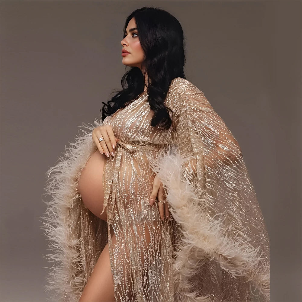 Sparkly Maternity Robe - with Feathers - Glitter Sequin Pregnancy Robe