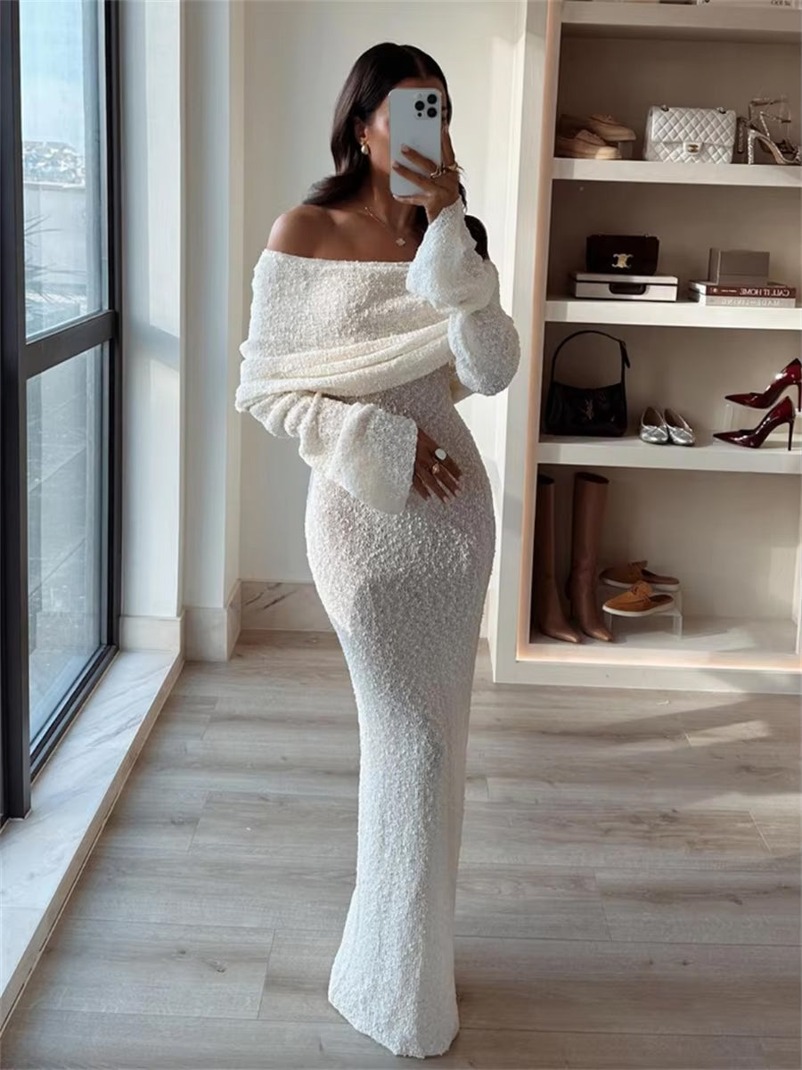 White Knitted Off The Shoulder Dress - Maxi