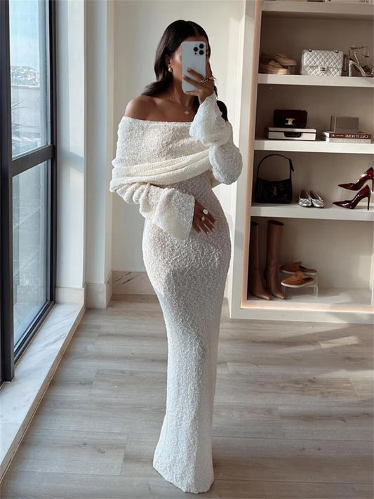 White Knitted Off The Shoulder Dress - Maxi