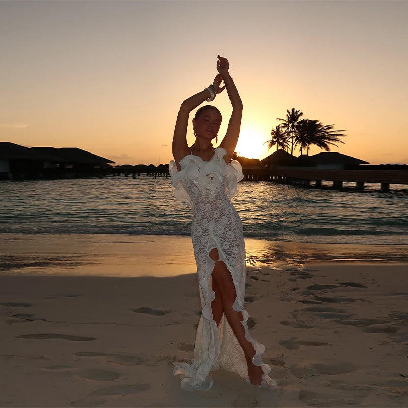 Knit Hollow Out Maxi Dress - Ruffles - Womens Summer Dress