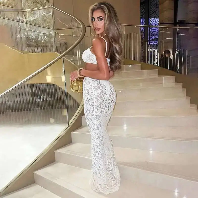 White Two Piece Set - See Through - Maxi Skirt