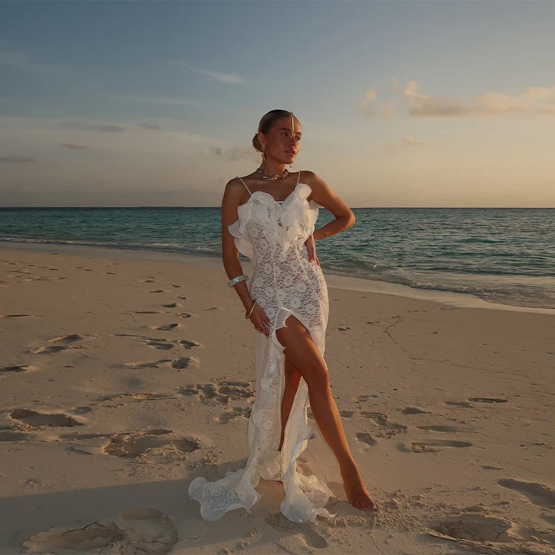 Knit Hollow Out Maxi Dress - Ruffles - Womens Summer Dress