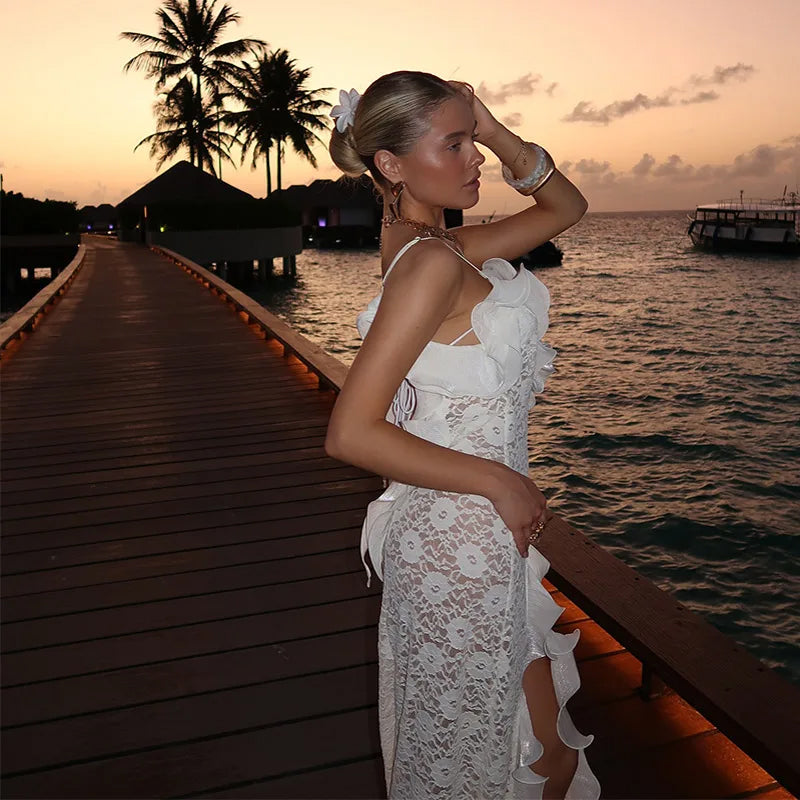 Knit Hollow Out Maxi Dress - Ruffles - Womens Summer Dress