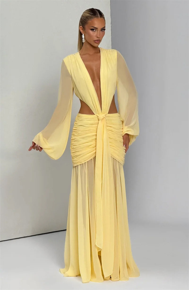 Deep V Neck Dress - Long Sleeve Maxi Dress - Hollow Out Backless Dress