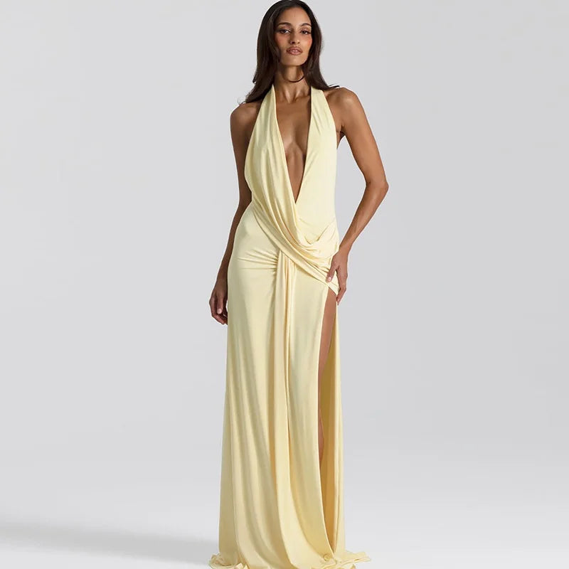 Halter Dress - Deep V Neck - Backless Maxi Dress