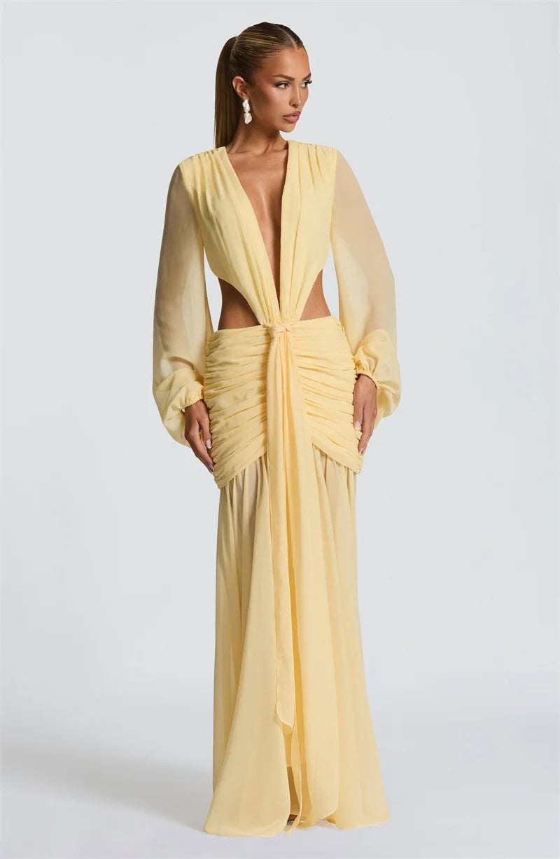Deep V Neck Dress - Long Sleeve Maxi Dress - Hollow Out Backless Dress